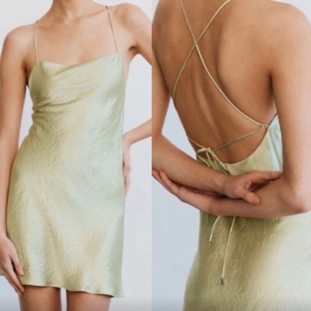 Third Form Satin Slip Dress Crush Silk Bias Cowl Green Spaghetti Straps Size 6 S